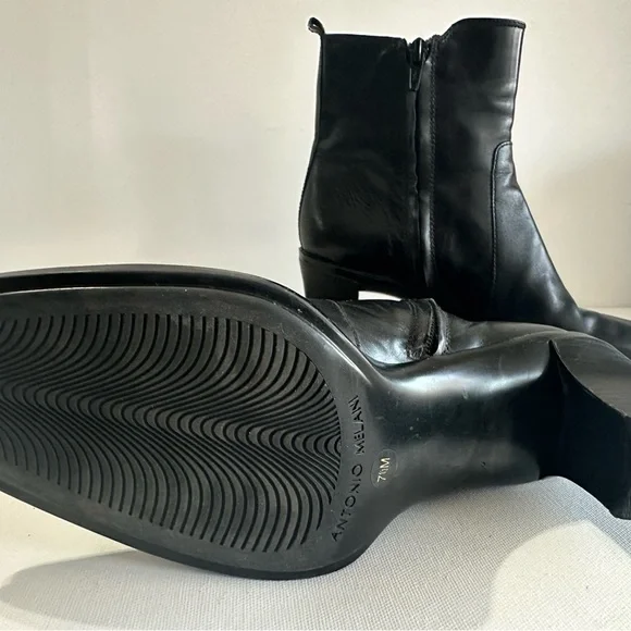 Antonio Melani Heels Black Leather Booties 3” Heel Y2K Chunky Square Toe - Picture 9 of 12